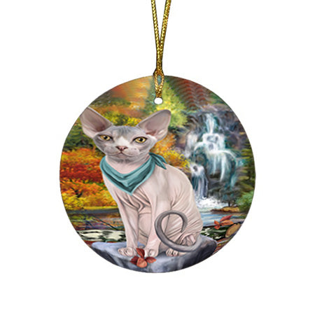 Scenic Waterfall Sphynx Cat Round Flat Christmas Ornament RFPOR51958