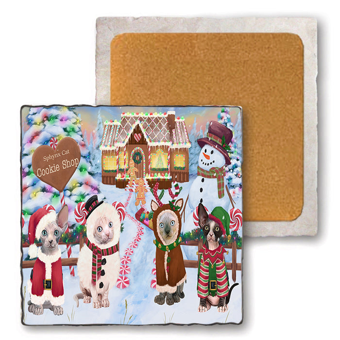 Holiday Gingerbread Cookie Shop Sphynx Cats Set of 4 Natural Stone Marble Tile Coasters MCST51625