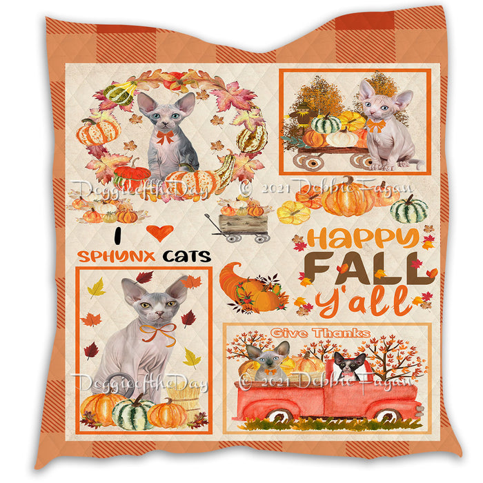 Happy Fall Y'all Pumpkin Sphynx Cats Quilt Bed Coverlet Bedspread - Pets Comforter Unique One-side Animal Printing - Soft Lightweight Durable Washable Polyester Quilt