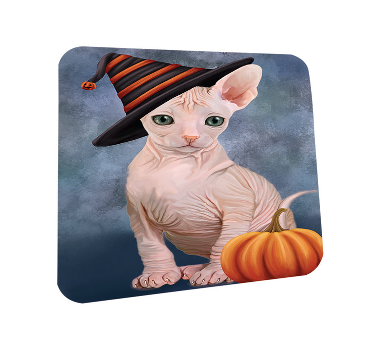 Happy Halloween Sphynx Cat Wearing Witch Hat with Pumpkin Coasters Set of 4 CST54740