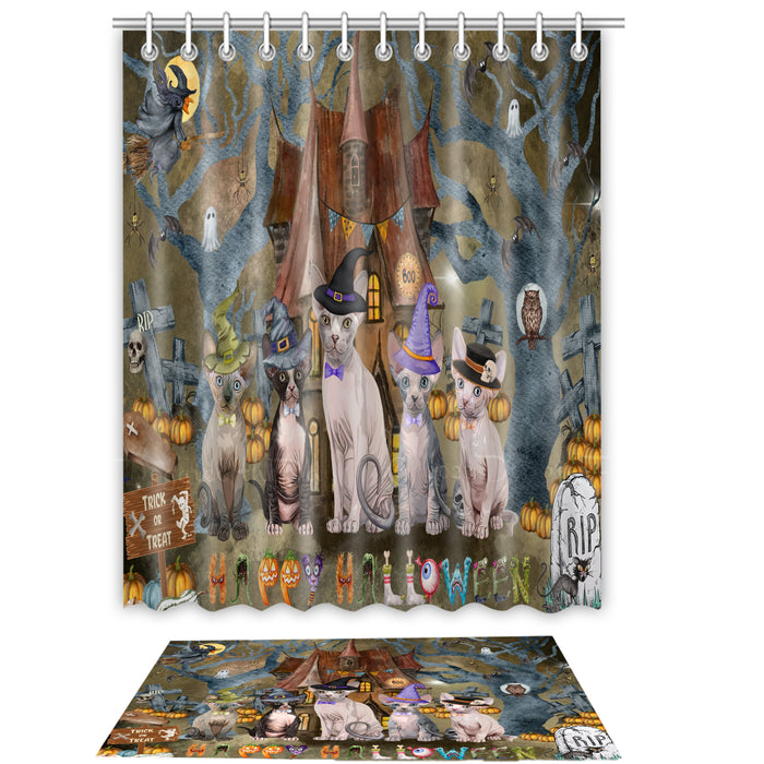Sphynx Cat Shower Curtain & Bath Mat Set, Custom, Explore a Variety of Designs, Personalized, Curtains with hooks and Rug Bathroom Decor, Halloween Gift for Cats Lovers