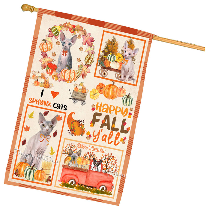 Happy Fall Y'all Pumpkin Sphynx Cats House Flag Outdoor Decorative Double Sided Pet Portrait Weather Resistant Premium Quality Animal Printed Home Decorative Flags 100% Polyester