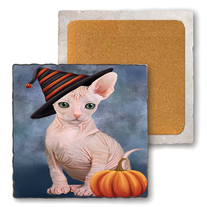 Happy Halloween Sphynx Cat Wearing Witch Hat with Pumpkin Set of 4 Natural Stone Marble Tile Coasters MCST49782
