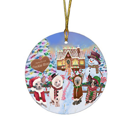 Holiday Gingerbread Cookie Shop Sphynx Cats Round Flat Christmas Ornament RFPOR56981