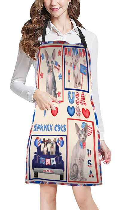 4th of July Independence Day I Love USA Sphynx Cats Apron - Adjustable Long Neck Bib for Adults - Waterproof Polyester Fabric With 2 Pockets - Chef Apron for Cooking, Dish Washing, Gardening, and Pet Grooming