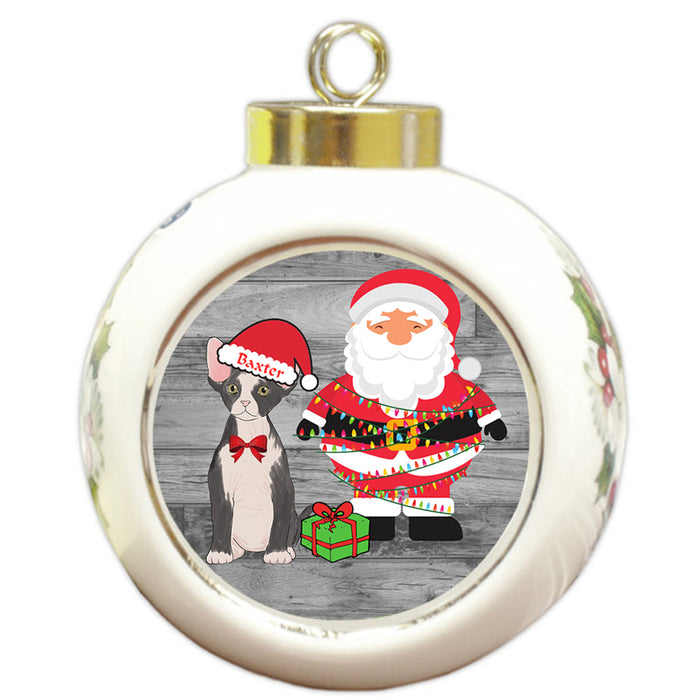 Custom Personalized Sphynx Cat With Santa Wrapped in Light Christmas Round Ball Ornament