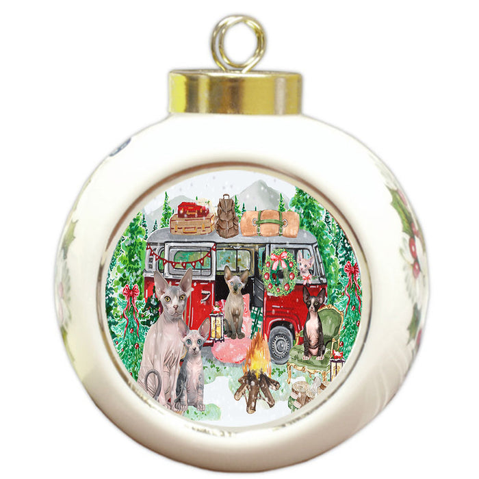 Christmas Time Camping with Sphynx Cats Round Ball Christmas Ornament Pet Decorative Hanging Ornaments for Christmas X-mas Tree Decorations - 3" Round Ceramic Ornament