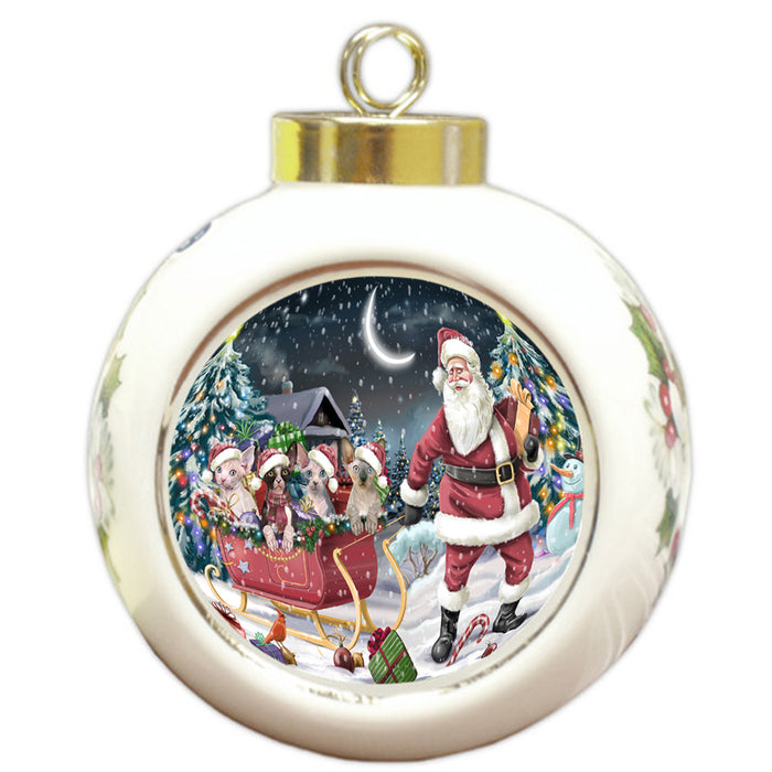 Santa Sled Dogs Christmas Happy Holidays Sphynx Cats Round Ball Christmas Ornament RBPOR51725