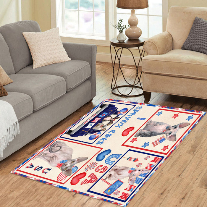 4th of July Independence Day I Love USA Sphynx Cats Area Rug - Ultra Soft Cute Pet Printed Unique Style Floor Living Room Carpet Decorative Rug for Indoor Gift for Pet Lovers