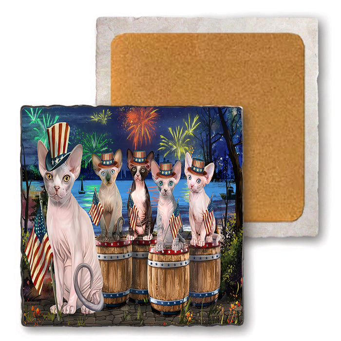 4th of July Independence Day Firework Sphynx Cats Set of 4 Natural Stone Marble Tile Coasters MCST49117