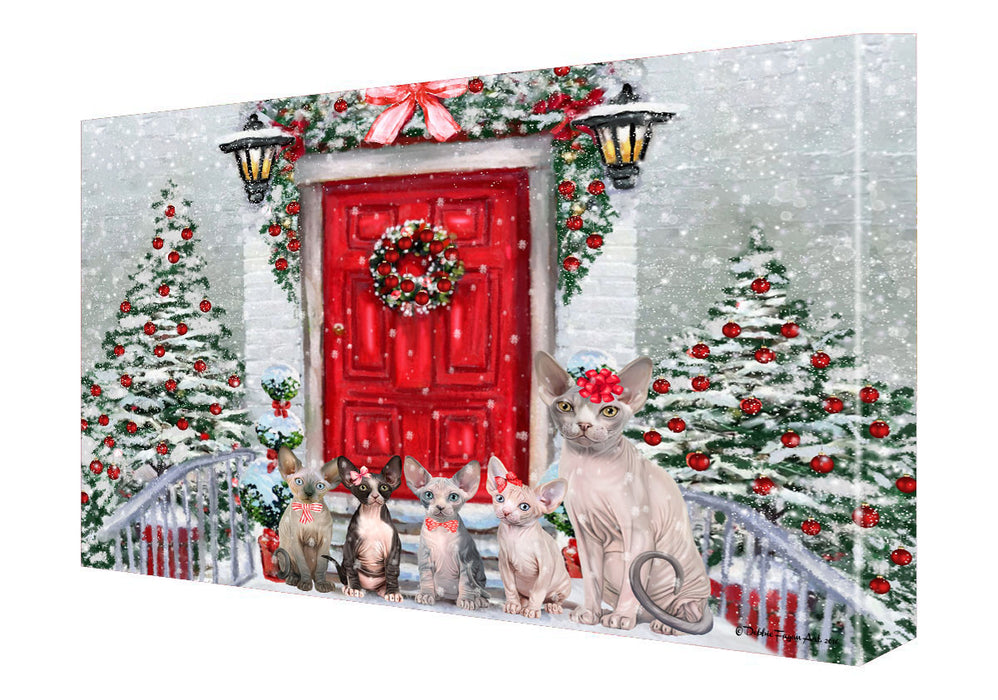 Christmas Holiday Welcome Sphynx Cats Canvas Wall Art - Premium Quality Ready to Hang Room Decor Wall Art Canvas - Unique Animal Printed Digital Painting for Decoration