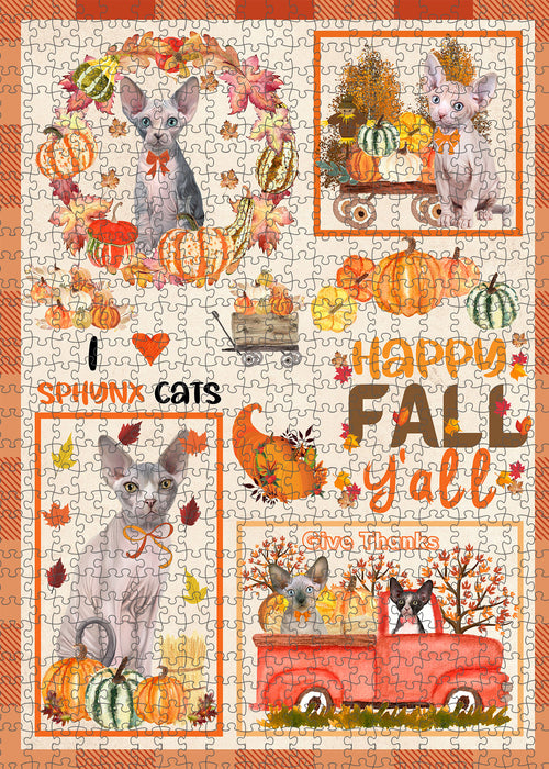 Happy Fall Y'all Pumpkin Sphynx Cats Portrait Jigsaw Puzzle for Adults Animal Interlocking Puzzle Game Unique Gift for Dog Lover's with Metal Tin Box