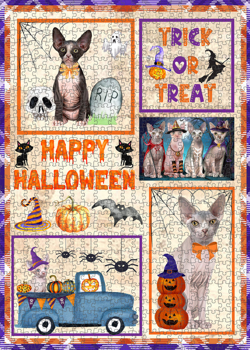 Happy Halloween Trick or Treat Sphynx Cats Portrait Jigsaw Puzzle for Adults Animal Interlocking Puzzle Game Unique Gift for Dog Lover's with Metal Tin Box