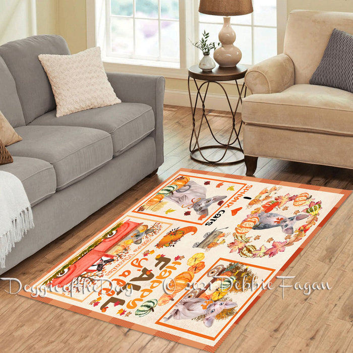 Happy Fall Y'all Pumpkin Sphynx Cats Polyester Living Room Carpet Area Rug ARUG67160