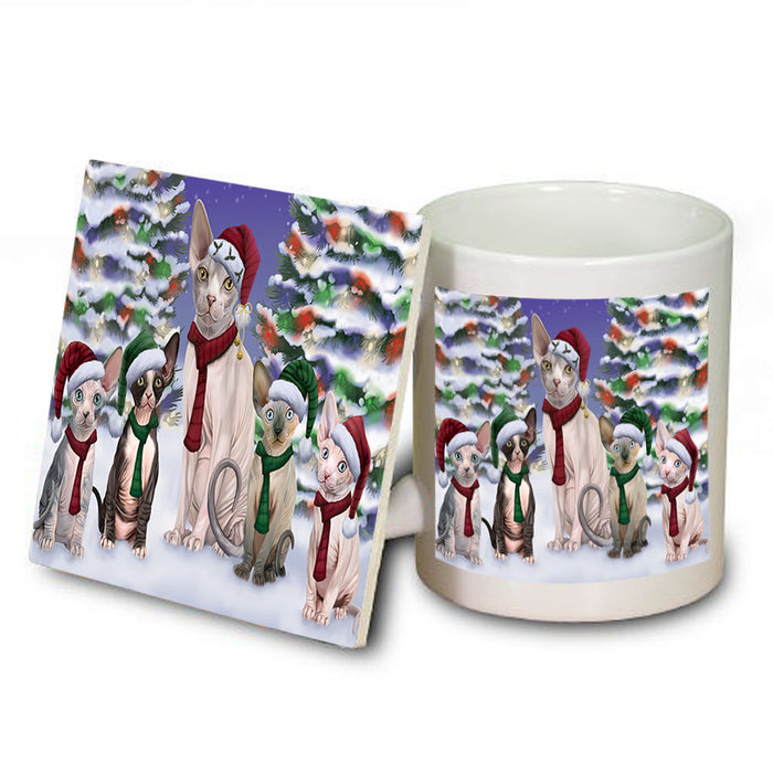 Sphynx Cats Christmas Family Portrait in Holiday Scenic Background  Mug and Coaster Set MUC52712