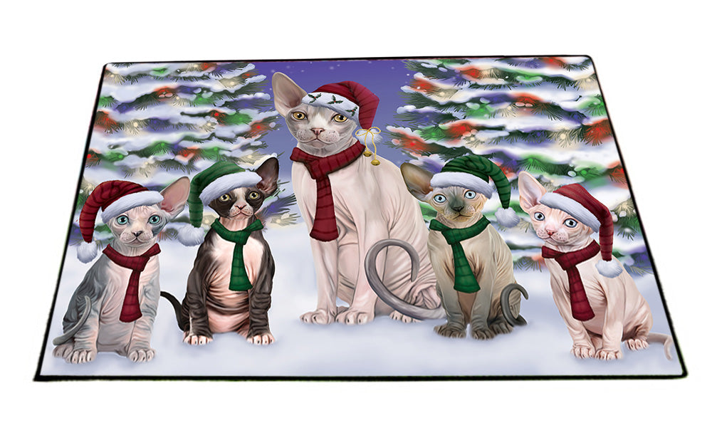 Sphynx Cats Christmas Family Portrait in Holiday Scenic Background Floormat FLMS51957