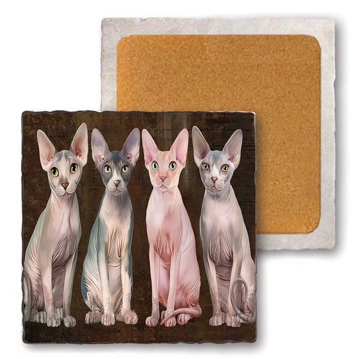 Rustic 4 Sphynx Cats Set of 4 Natural Stone Marble Tile Coasters MCST49369