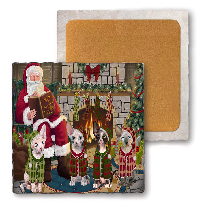 Christmas Cozy Holiday Tails Sphynx Cats Set of 4 Natural Stone Marble Tile Coasters MCST50393
