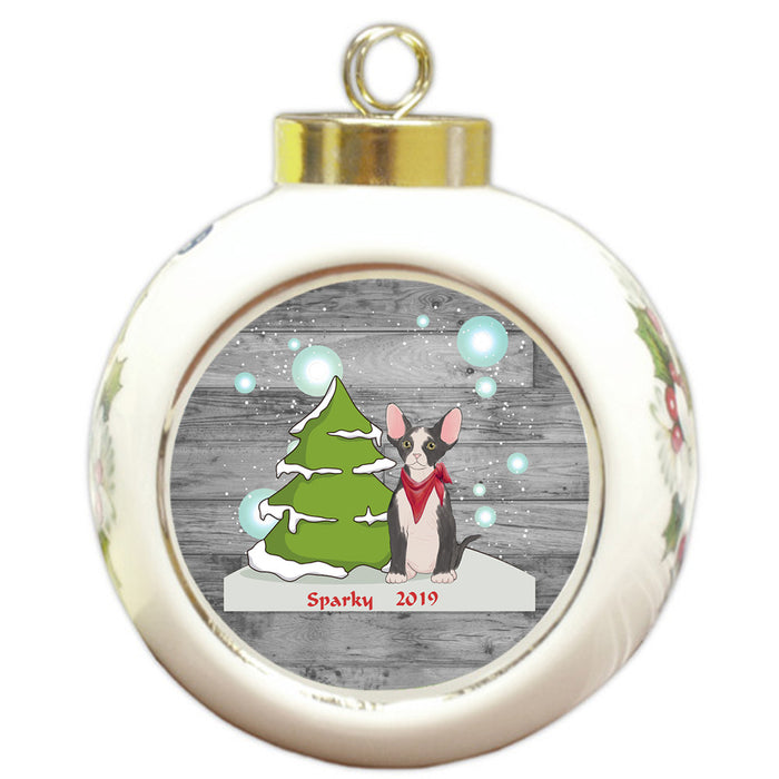 Custom Personalized Winter Scenic Tree and Presents Sphynx Cat Christmas Round Ball Ornament