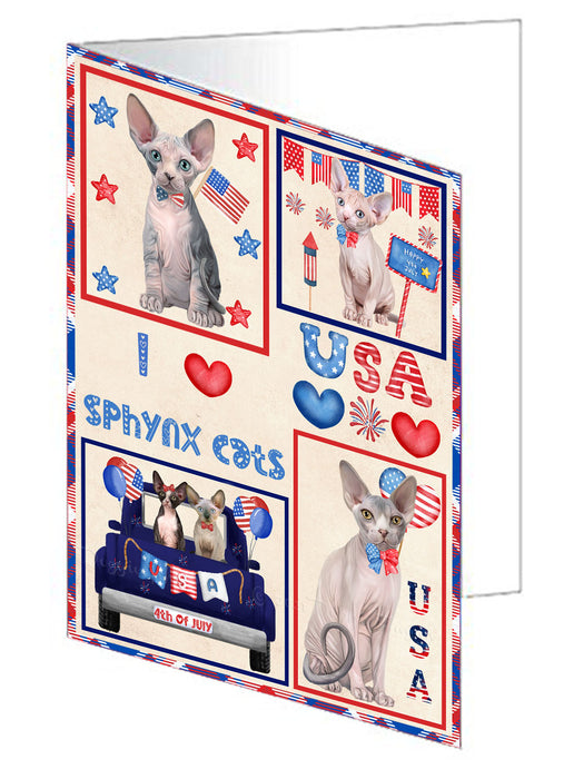 4th of July Independence Day I Love USA Sphynx Cats Handmade Artwork Assorted Pets Greeting Cards and Note Cards with Envelopes for All Occasions and Holiday Seasons