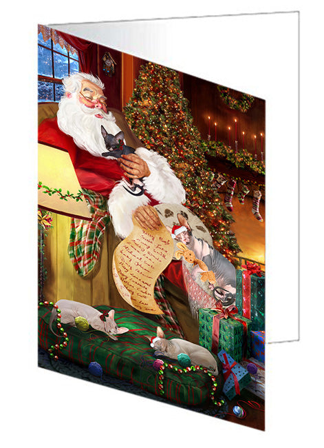 Sphynx Cats and Kittens Sleeping with Santa  Handmade Artwork Assorted Pets Greeting Cards and Note Cards with Envelopes for All Occasions and Holiday Seasons GCD67583