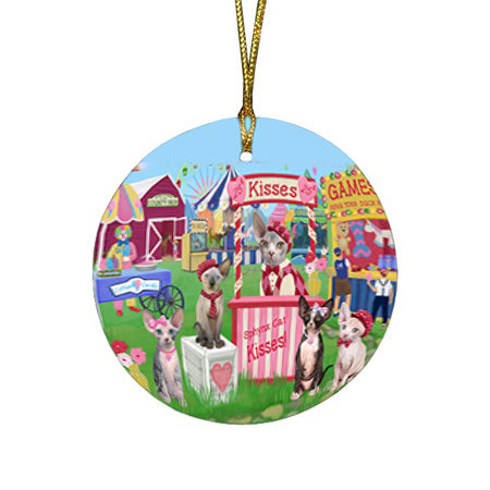 Carnival Kissing Booth Sphynx Cats Round Flat Christmas Ornament RFPOR56399