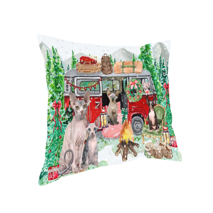 Christmas Time Camping with Sphynx Cats Pillow with Top Quality High-Resolution Images - Ultra Soft Pet Pillows for Sleeping - Reversible & Comfort - Ideal Gift for Dog Lover - Cushion for Sofa Couch Bed - 100% Polyester