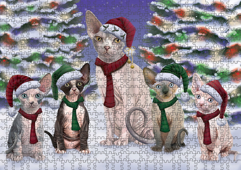 Sphynx Cats Christmas Family Portrait in Holiday Scenic Background Puzzle with Photo Tin PUZL62091