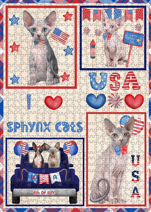 4th of July Independence Day I Love USA Sphynx Cats Portrait Jigsaw Puzzle for Adults Animal Interlocking Puzzle Game Unique Gift for Dog Lover's with Metal Tin Box