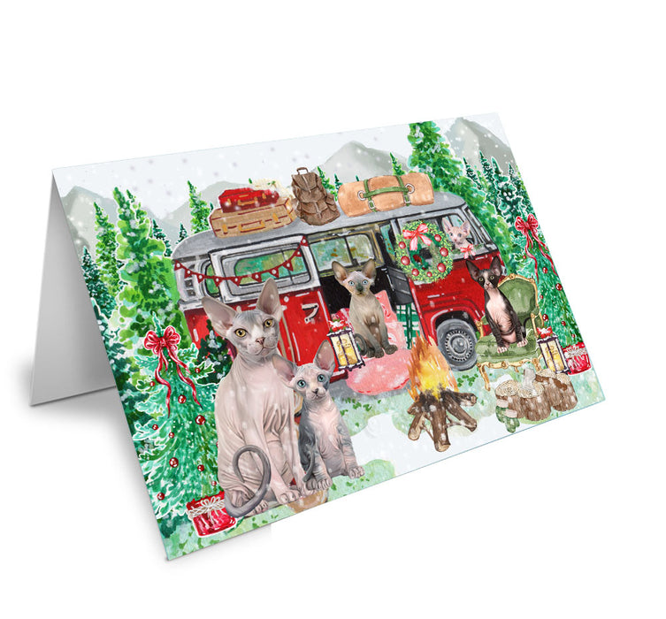 Christmas Time Camping with Sphynx Cats Handmade Artwork Assorted Pets Greeting Cards and Note Cards with Envelopes for All Occasions and Holiday Seasons