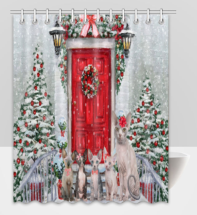 Christmas Holiday Welcome Sphynx Cats Shower Curtain Pet Painting Bathtub Curtain Waterproof Polyester One-Side Printing Decor Bath Tub Curtain for Bathroom with Hooks