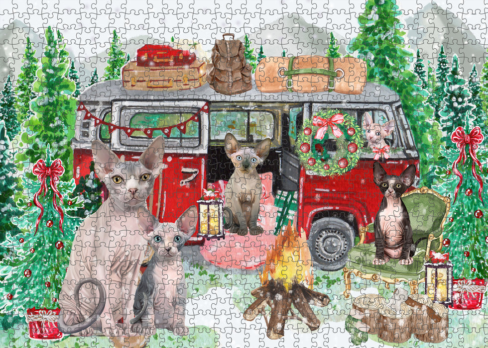 Christmas Time Camping with Sphynx Cats Portrait Jigsaw Puzzle for Adults Animal Interlocking Puzzle Game Unique Gift for Dog Lover's with Metal Tin Box