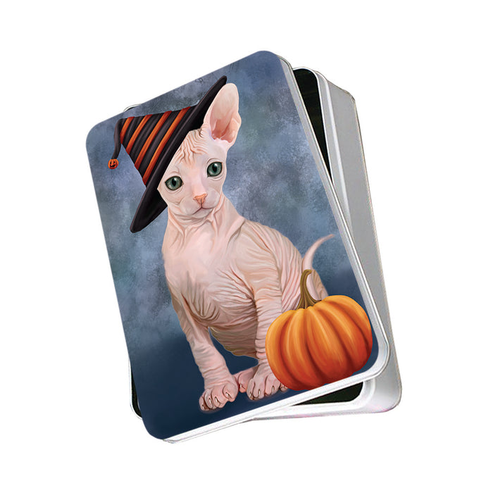 Happy Halloween Sphynx Cat Wearing Witch Hat with Pumpkin Photo Storage Tin PITN54725