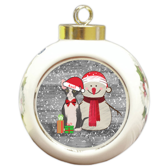 Custom Personalized Snowy Snowman and Sphynx Cat Christmas Round Ball Ornament
