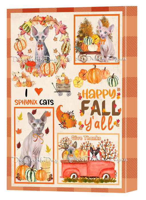 Happy Fall Y'all Pumpkin Sphynx Cats Canvas Wall Art - Premium Quality Ready to Hang Room Decor Wall Art Canvas - Unique Animal Printed Digital Painting for Decoration