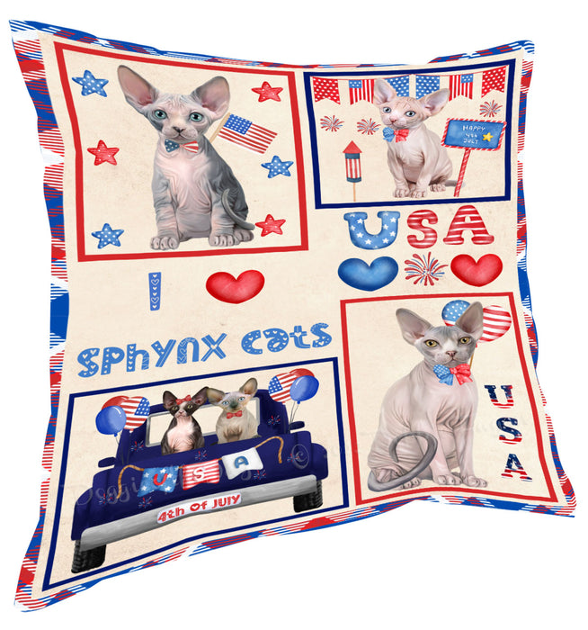 4th of July Independence Day I Love USA Sphynx Cats Pillow with Top Quality High-Resolution Images - Ultra Soft Pet Pillows for Sleeping - Reversible & Comfort - Ideal Gift for Dog Lover - Cushion for Sofa Couch Bed - 100% Polyester