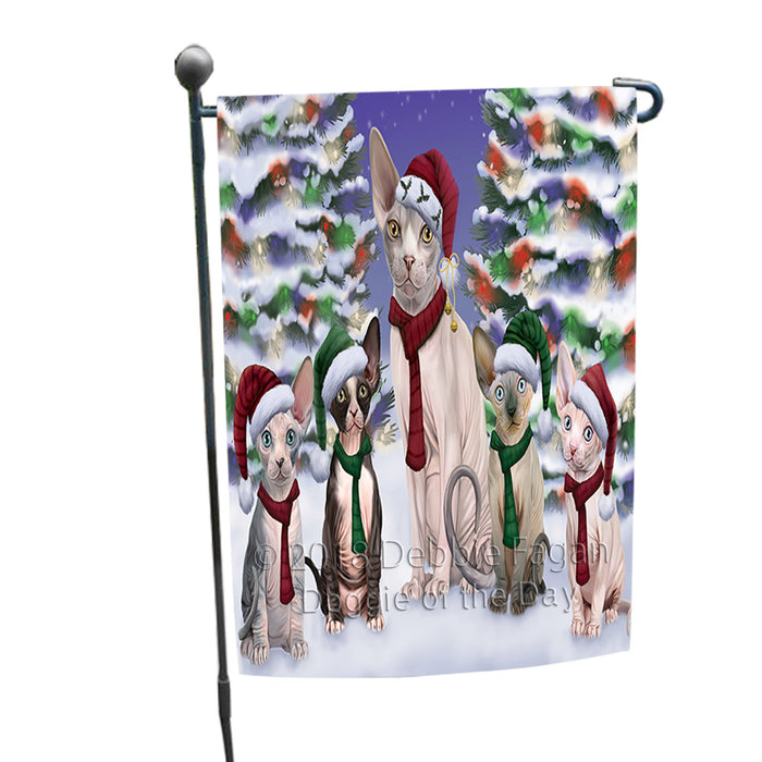 Sphynx Cats Christmas Family Portrait in Holiday Scenic Background Garden Flag GFLG52665