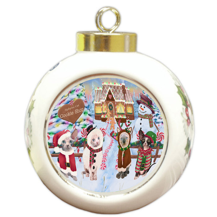 Holiday Gingerbread Cookie Shop Sphynx Cats Round Ball Christmas Ornament RBPOR56981