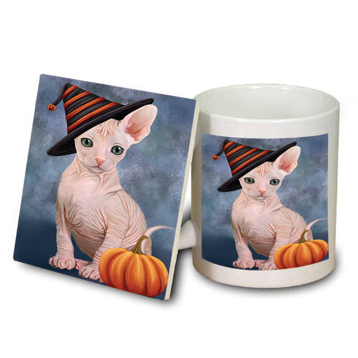 Happy Halloween Sphynx Cat Wearing Witch Hat with Pumpkin Mug and Coaster Set MUC54774