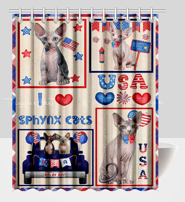 4th of July Independence Day I Love USA Sphynx Cats Shower Curtain Pet Painting Bathtub Curtain Waterproof Polyester One-Side Printing Decor Bath Tub Curtain for Bathroom with Hooks