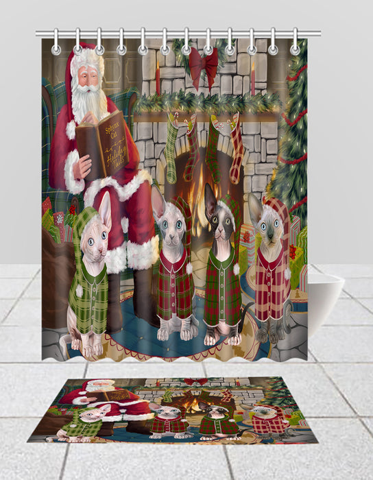 Christmas Cozy Holiday Fire Tails Sphynx Cats Bath Mat and Shower Curtain Combo