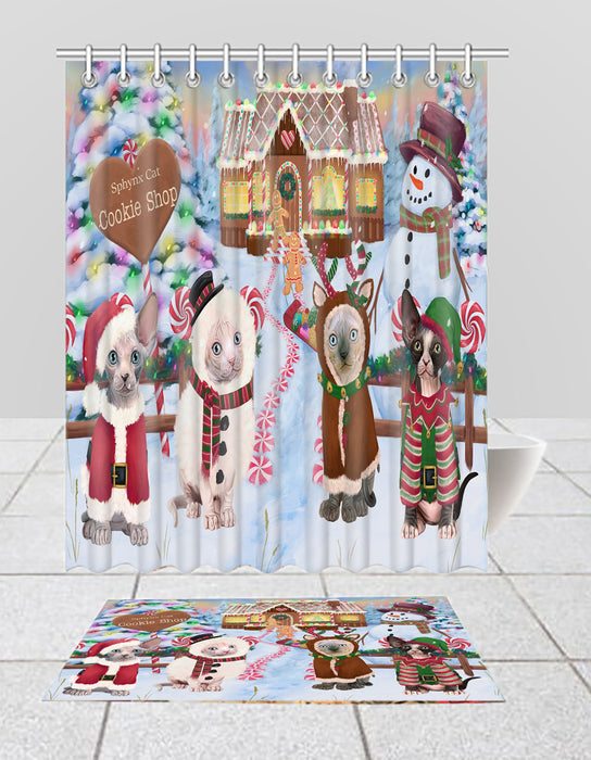 Holiday Gingerbread Cookie Sphynx Cats  Bath Mat and Shower Curtain Combo