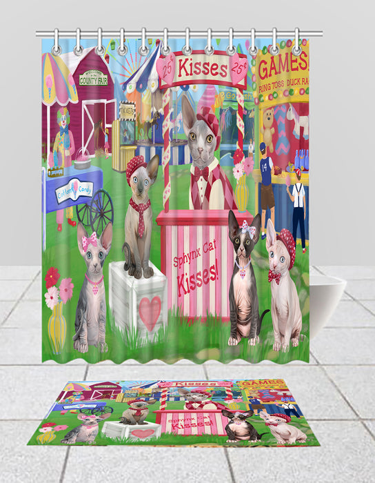 Carnival Kissing Booth Sphynx Cats Bath Mat and Shower Curtain Combo