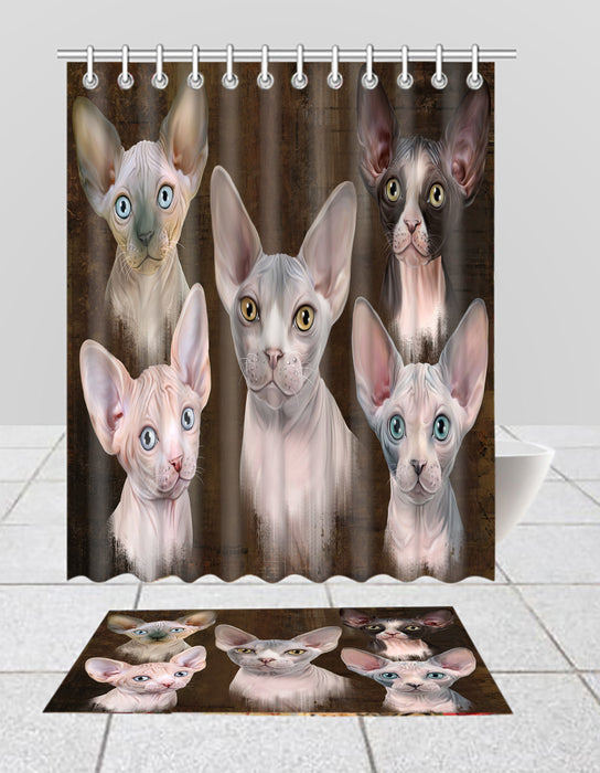 Rustic Sphynx Cats Bath Mat and Shower Curtain Combo