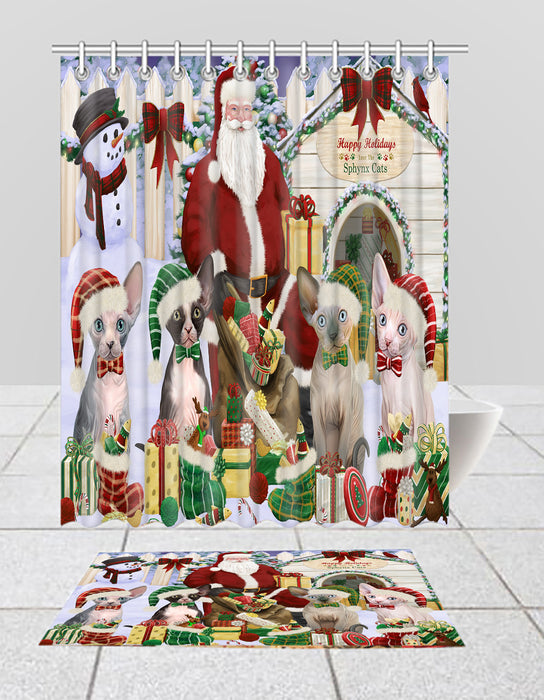 Happy Holidays Christmas Sphynx Cats House Gathering Bath Mat and Shower Curtain Combo