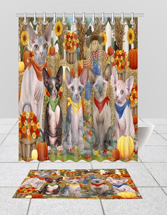 Fall Festive Harvest Time Gathering Sphynx Cats Bath Mat and Shower Curtain Combo