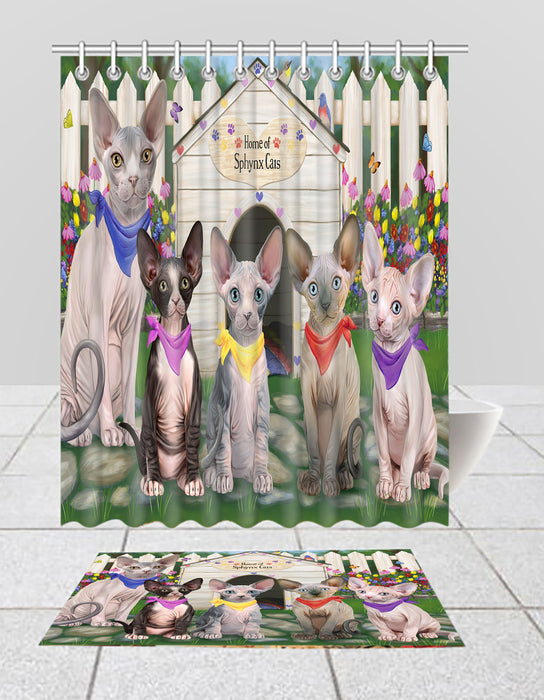 Spring Dog House Sphynx Cats Bath Mat and Shower Curtain Combo