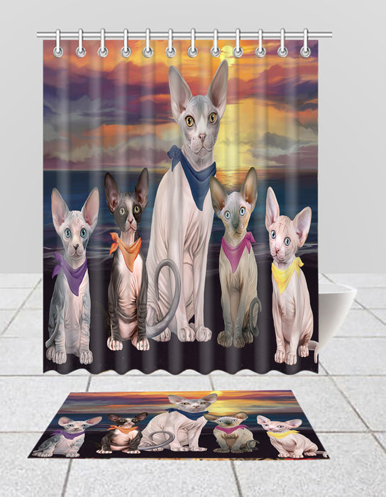 Family Sunset Portrait Sphynx Cats Bath Mat and Shower Curtain Combo