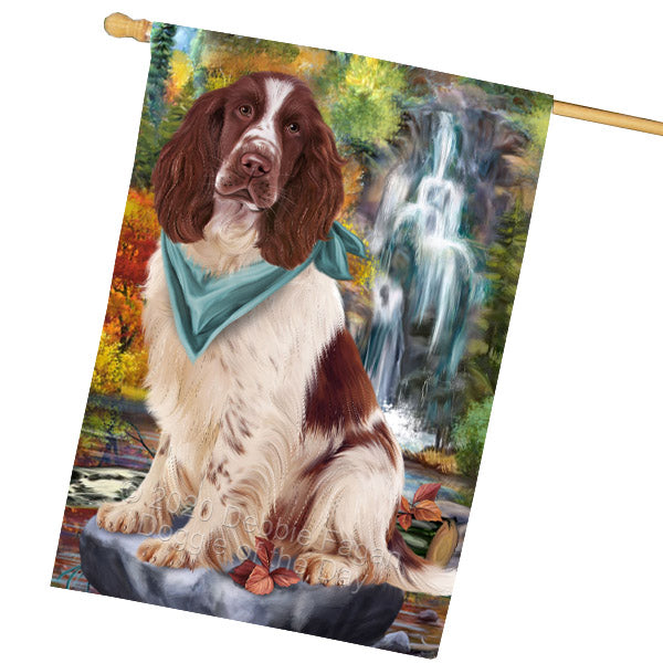 Scenic Waterfall Springer Spaniel Dog House Flag Outdoor Decorative Double Sided Pet Portrait Weather Resistant Premium Quality Animal Printed Home Decorative Flags 100% Polyester FLG69268