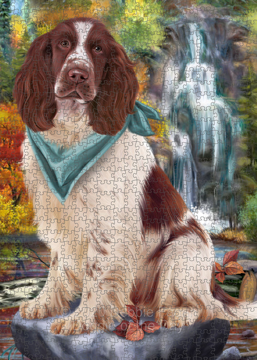 Scenic Waterfall Springer Spaniel Dog Portrait Jigsaw Puzzle for Adults Animal Interlocking Puzzle Game Unique Gift for Dog Lover's with Metal Tin Box PZL687